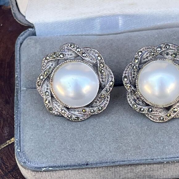 Vintage Marcasite Judith Jack Earrings in Sterling Silver Faux Peal Large Studs - Picture 2 of 8